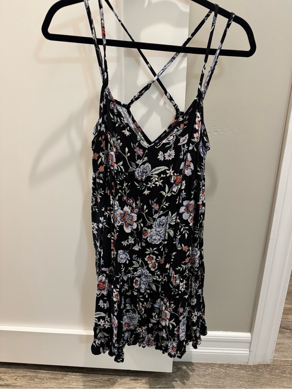 American Eagle Outfitters Black Floral Spaghetti-Strap Dress